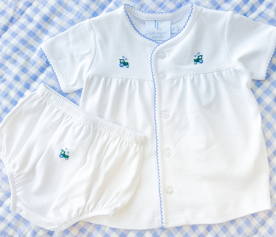 Little English traditional children's clothing, Cotton white knit set with blue trim and tractor motif for baby boy