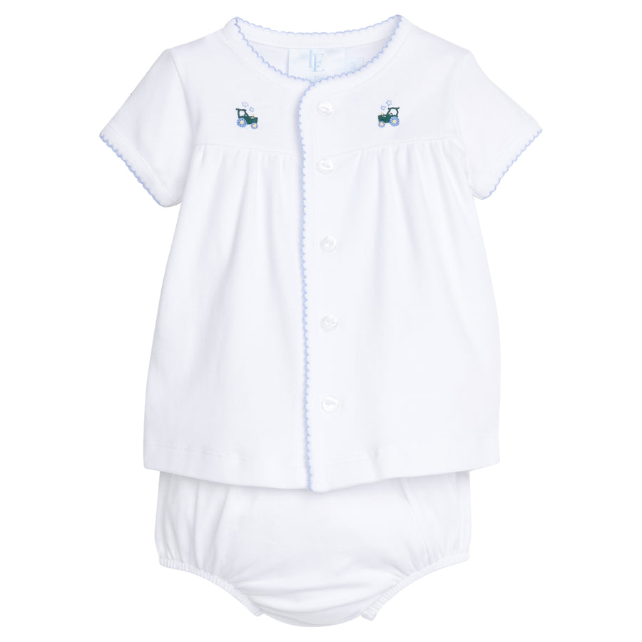 Little English traditional children's clothing. Pima Cotton white knit set with blue trim and tractor embroidery for babies for fall.