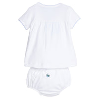 Little English traditional children's clothing, Cotton white knit set with blue trim and tractor motif for baby boy