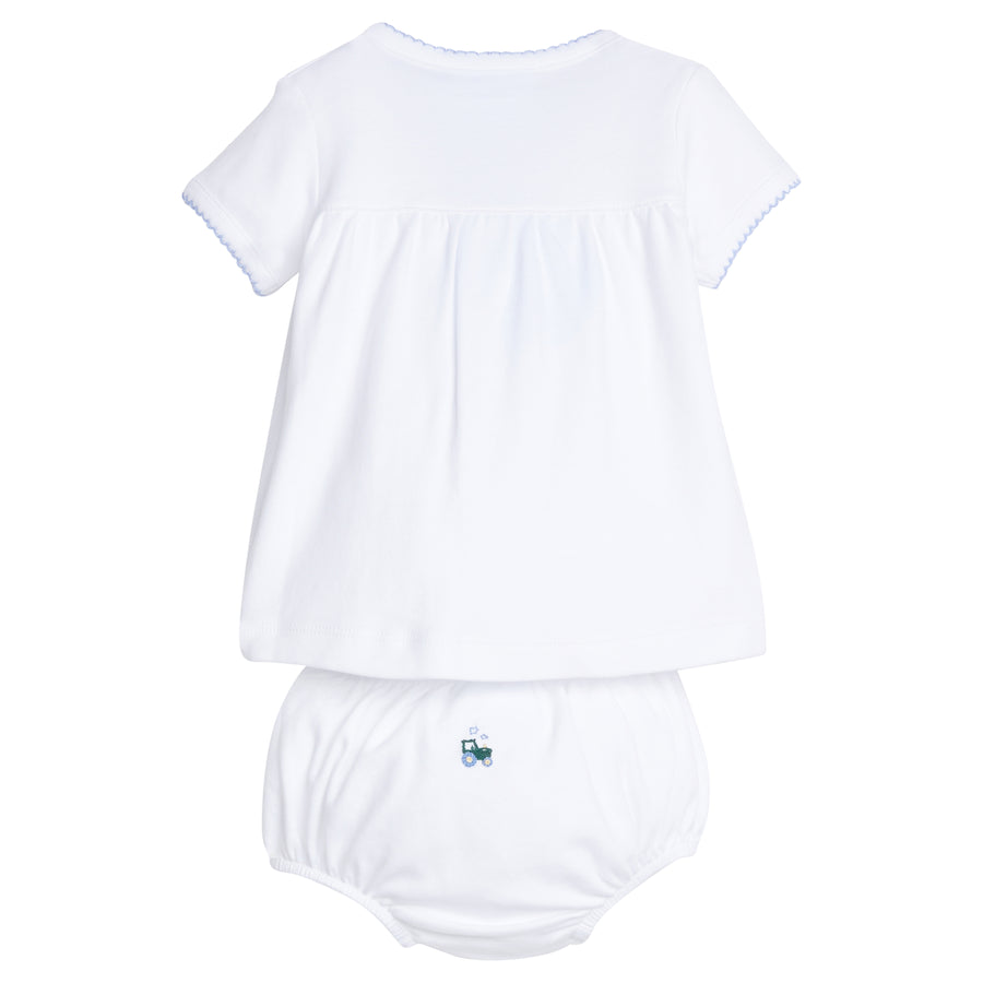 Little English traditional children's clothing, Cotton white knit set with blue trim and tractor motif for baby boy