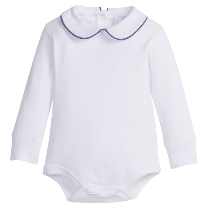 little english classic childrens clothing boys white onesie with peter pan collar and gray blue piping on the collar