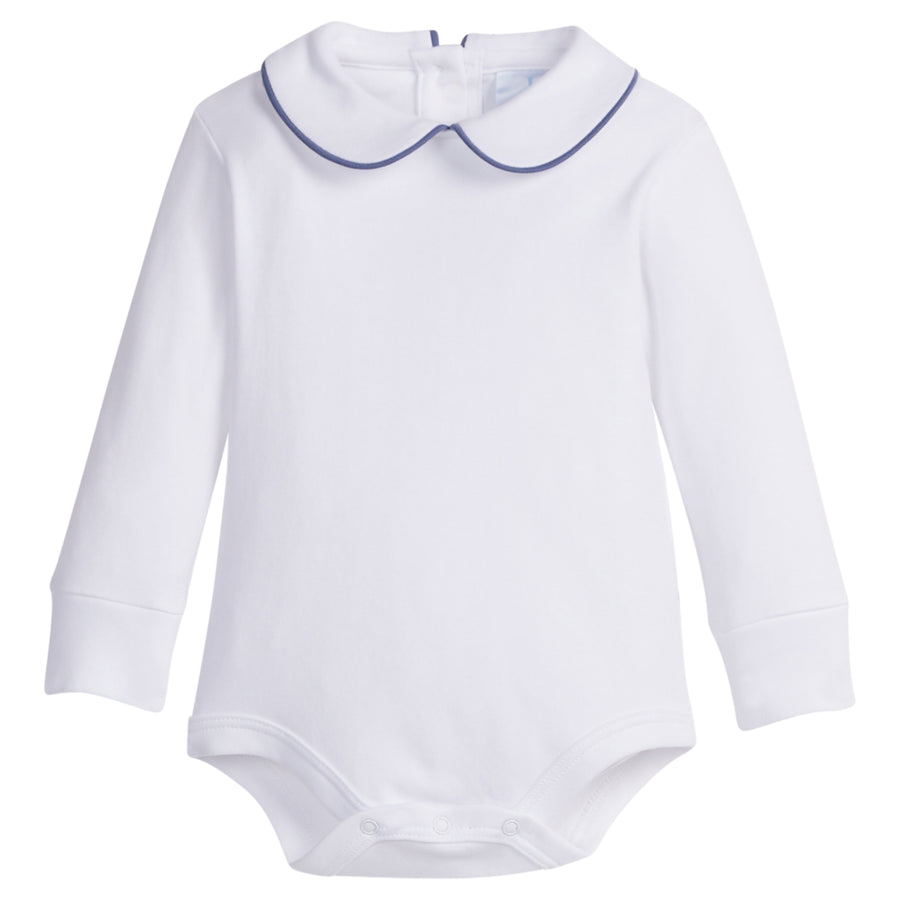 little english classic childrens clothing boys white onesie with peter pan collar and gray blue piping on the collar