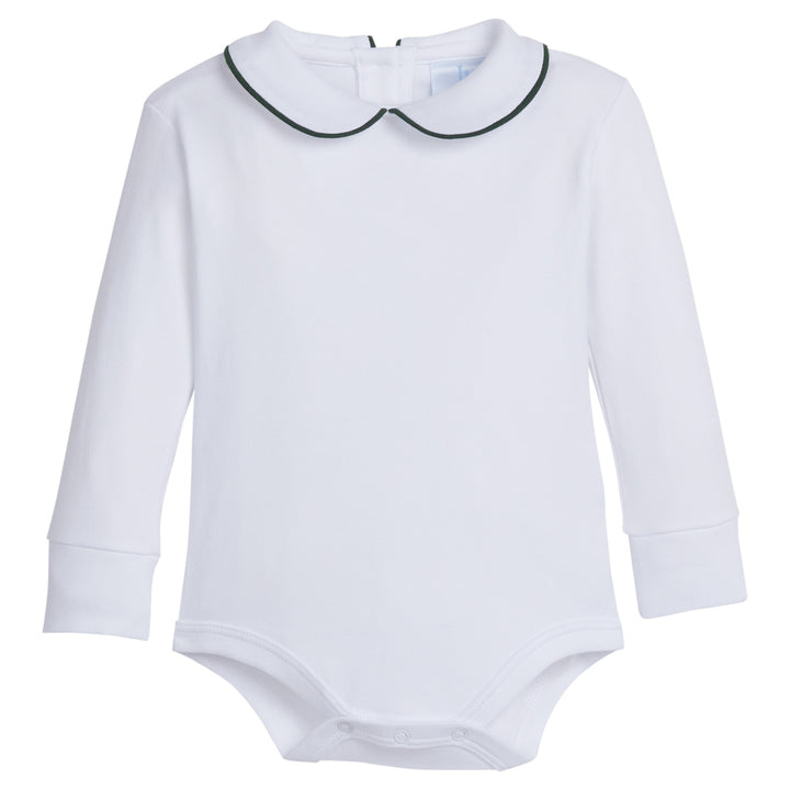 little english classic childrens clothing boys white onesie with peter pan collar and hunter green piping on the collar