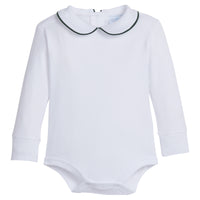 little english classic childrens clothing boys white onesie with peter pan collar and hunter green piping on the collar