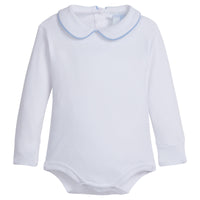 little english classic childrens clothing boys white onesie with peter pan collar and light blue piping on the collar