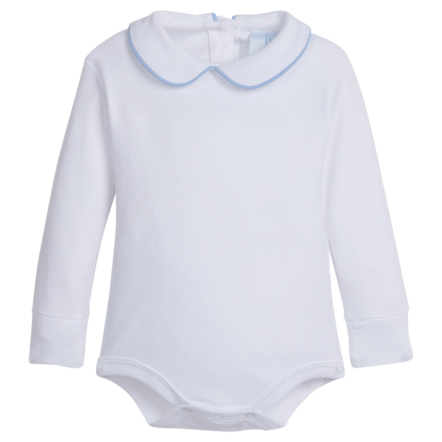 little english classic childrens clothing boys white onesie with peter pan collar and light blue piping on the collar