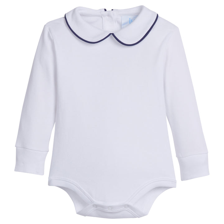 little english classic childrens clothing boys white onesie with peter pan collar and navy piping on the collar