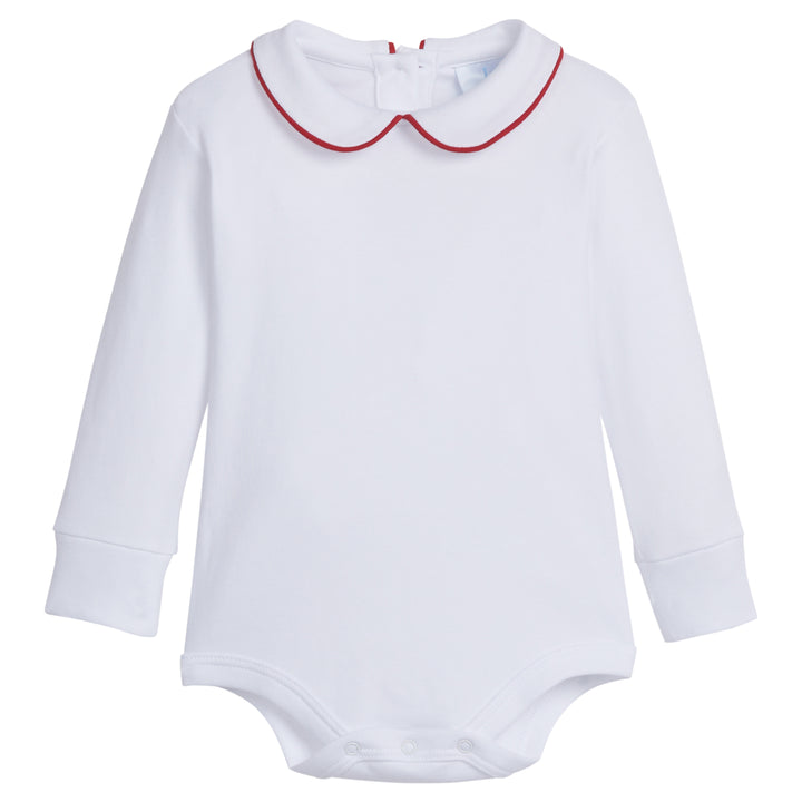 little english classic childrens clothing boys white onesie with peter pan collar and red piping on the collar