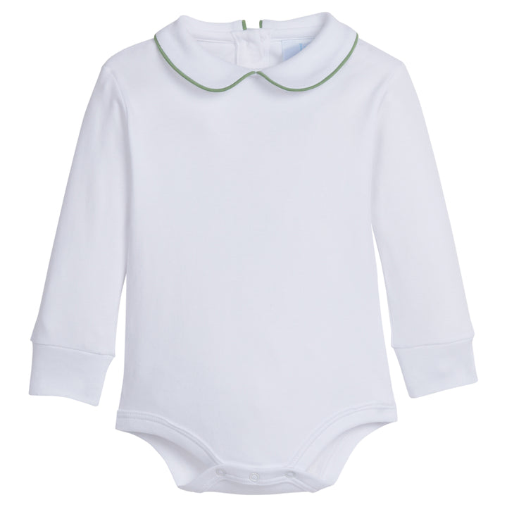 little english classic childrens clothing boys white onesie with peter pan collar and watercress green piping on the collar