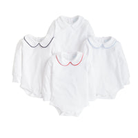 little english classic childrens clothing boys white onesie with peter pan collar and light blue piping on the collar