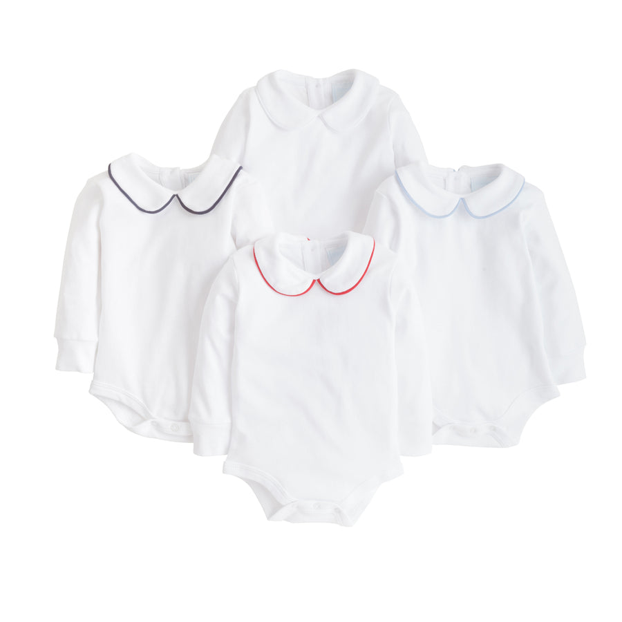 little english classic childrens clothing boys white onesie with peter pan collar and red piping on the collar