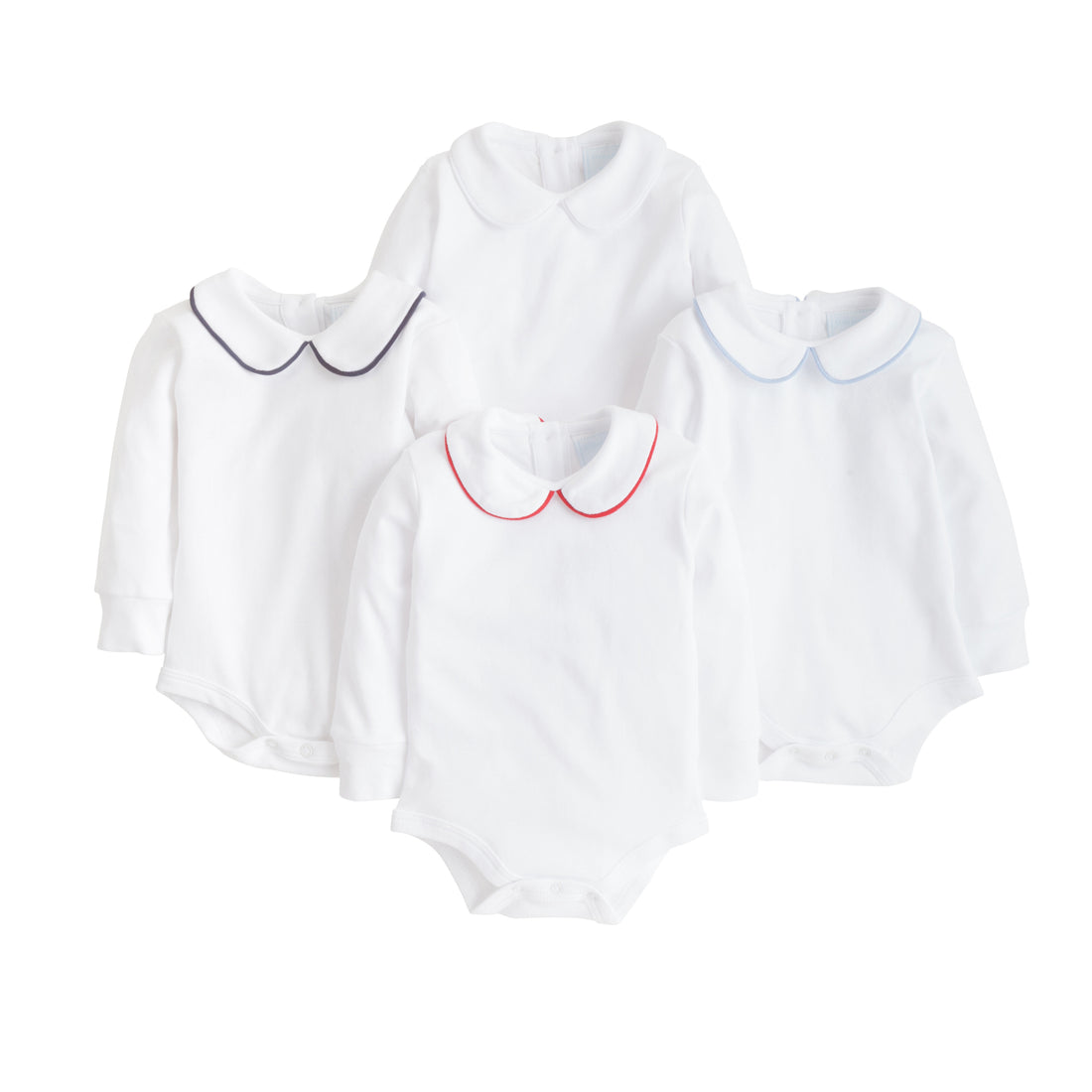 little english classic childrens clothing boys white onesie with peter pan collar and white piping on the collar