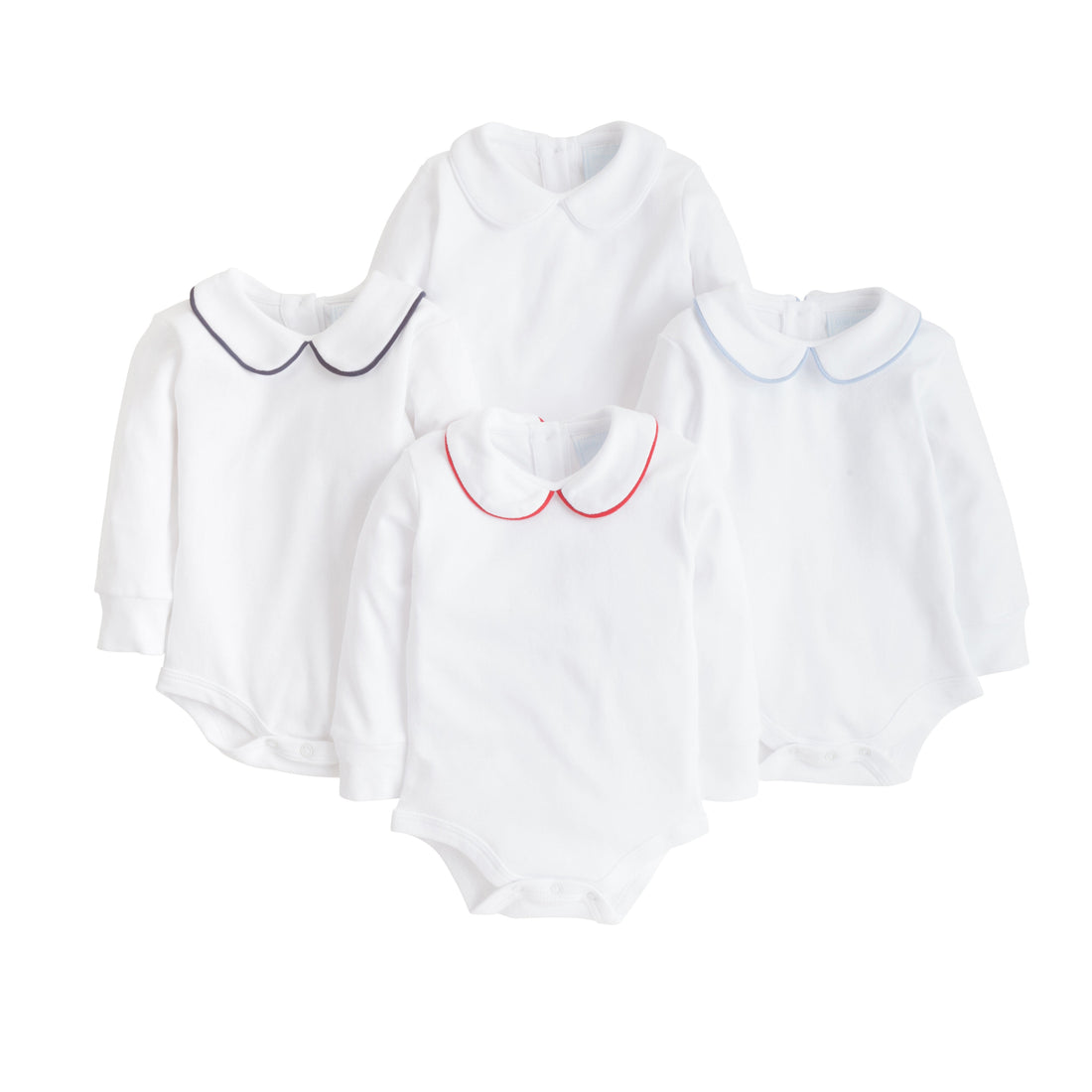 little english classic childrens clothing boys white onesie with peter pan collar and gray blue piping on the collar