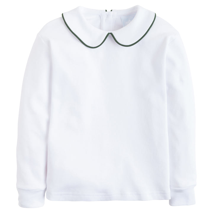 little english classic childrens clothing boys white shirt with peter pan collar and hunter green piping on collar