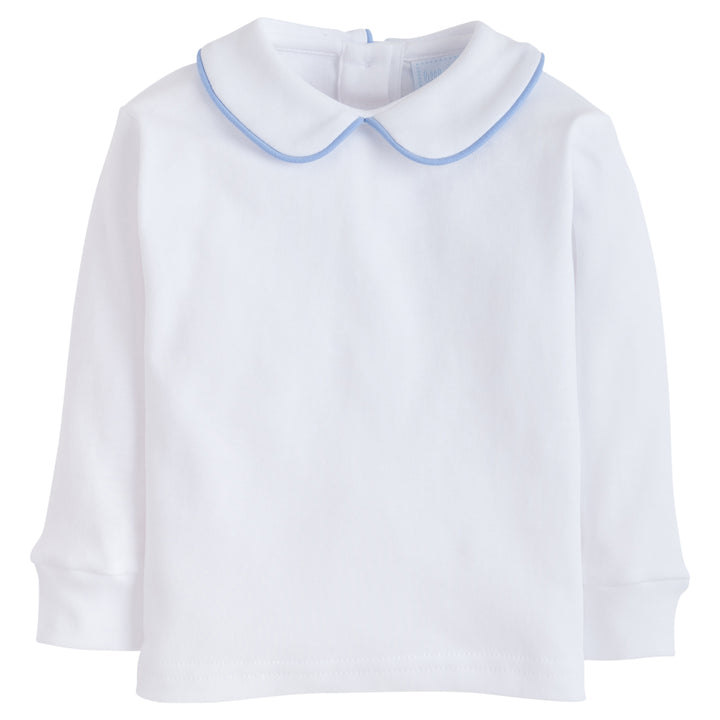 little english classic childrens clothing boys white shirt with peter pan collar and light blue piping on collar