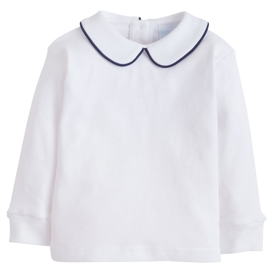 little english classic childrens clothing boys white shirt with peter pan collar and navy piping on collar