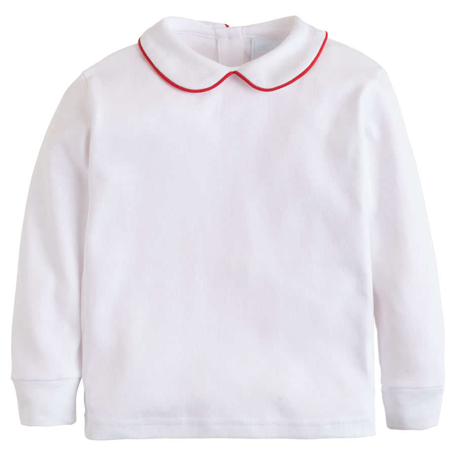 little english classic childrens clothing boys white shirt with peter pan collar and red piping on collar