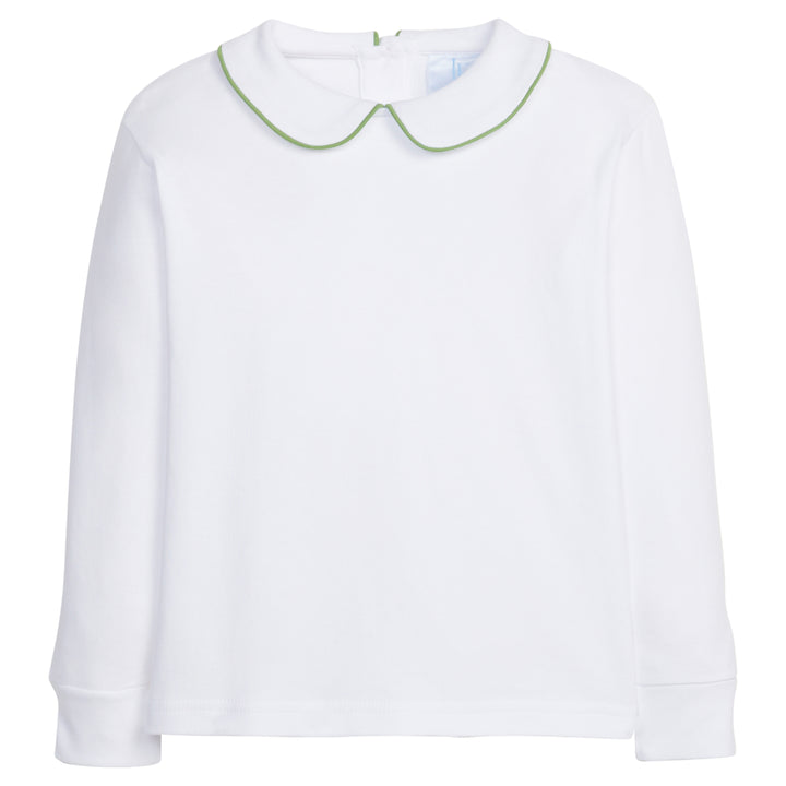 little english classic childrens clothing boys white shirt with peter pan collar and light green piping on collar