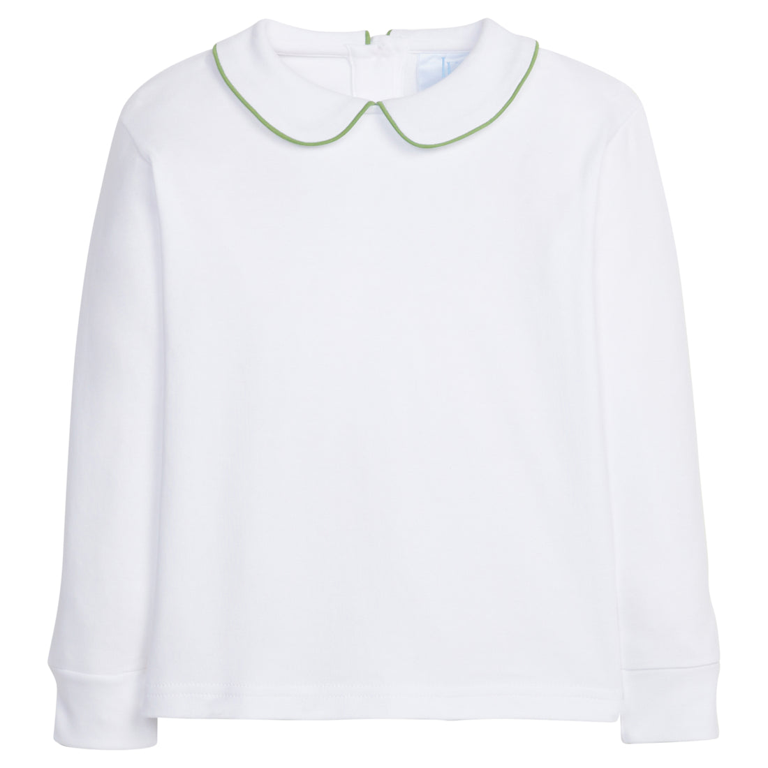 little english classic childrens clothing boys white shirt with peter pan collar and light green piping on collar