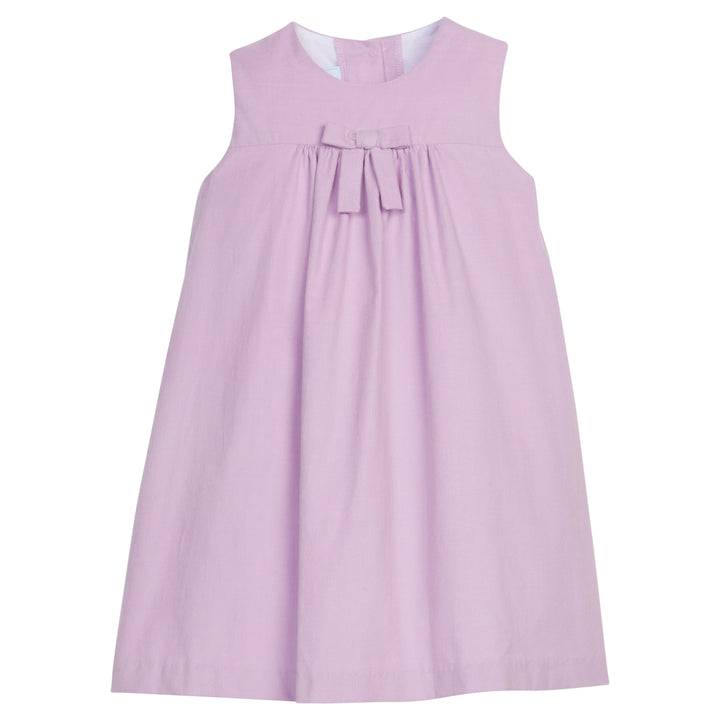 little english classic childrens clothing girls sleeveless lavender pleated jumper with a lavender bow on chest