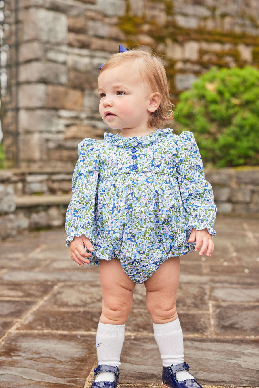 Little English traditional children's clothing.  Pink, blue, and green floral bubble for baby girls for Fall