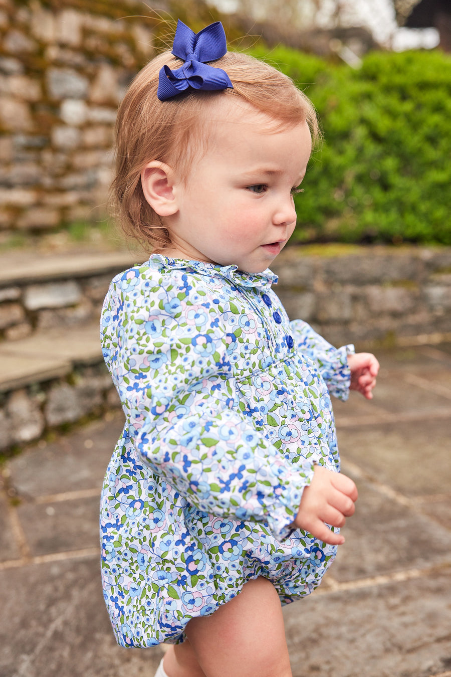 Little English traditional children's clothing.  Pink, blue, and green floral bubble for baby girls for Fall