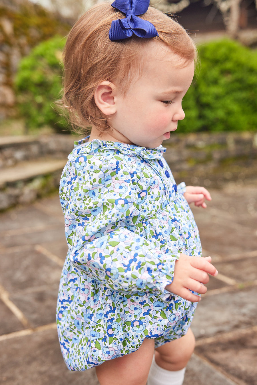 Little English traditional children's clothing.  Pink, blue, and green floral bubble for baby girls for Fall