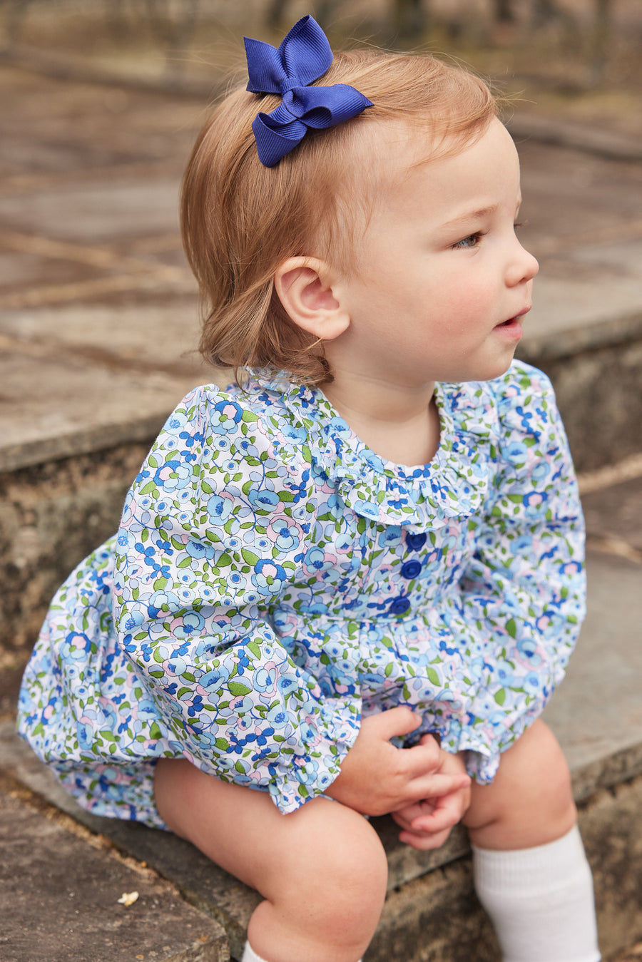 Little English traditional children's clothing.  Pink, blue, and green floral bubble for baby girls for Fall