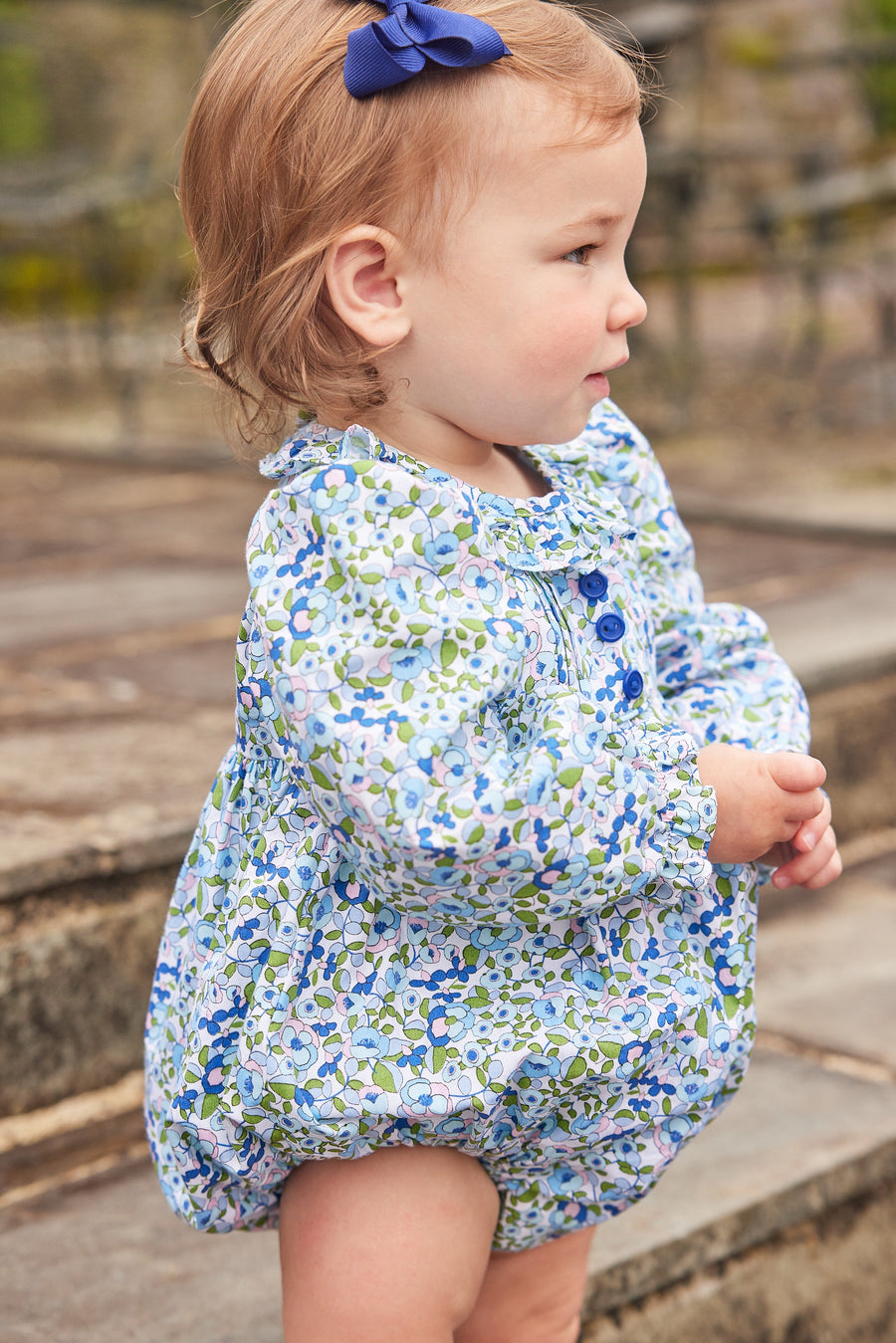 Little English traditional children's clothing.  Pink, blue, and green floral bubble for baby girls for Fall