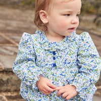 Little English traditional children's clothing.  Pink, blue, and green floral bubble for baby girls for Fall