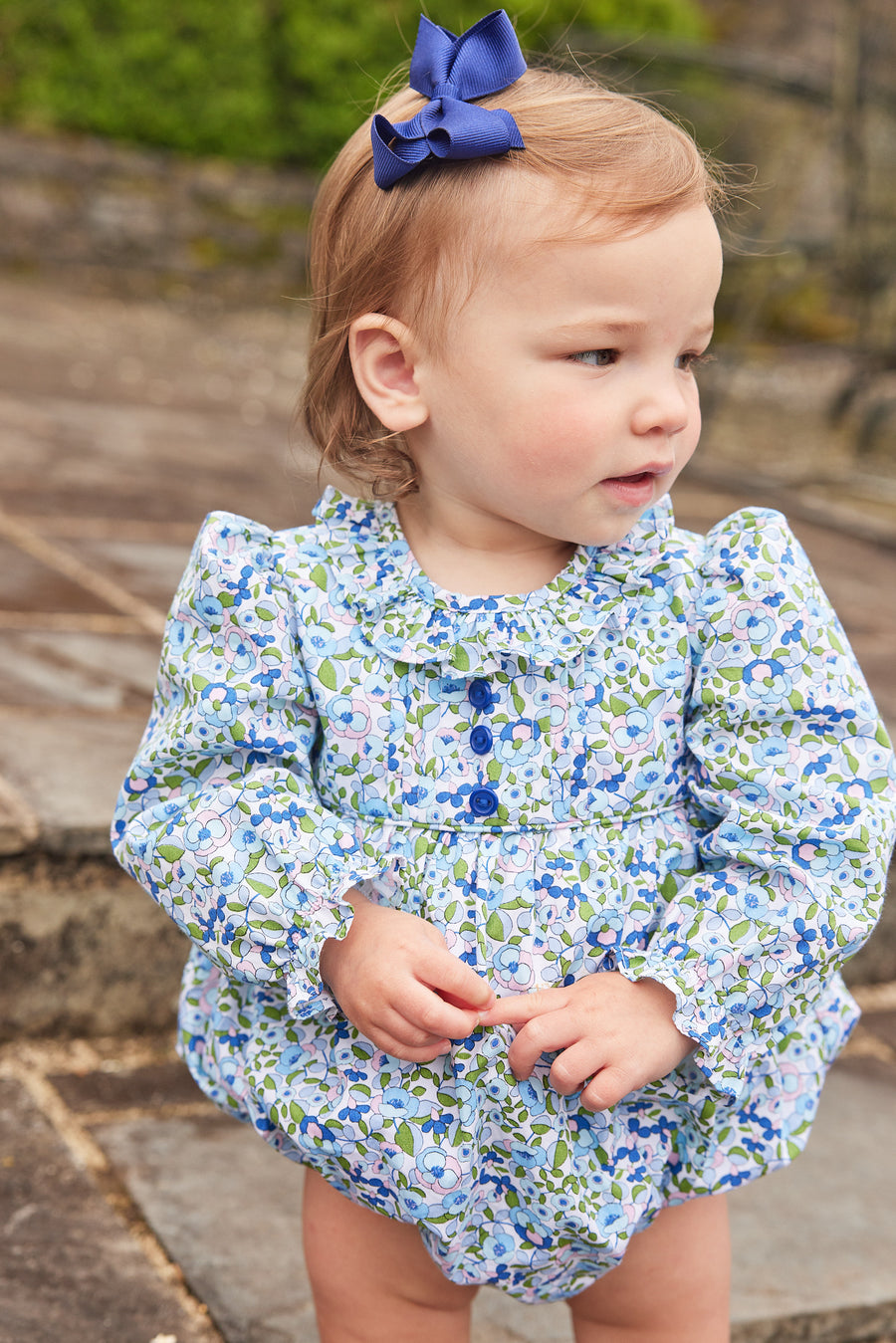 Little English traditional children's clothing.  Pink, blue, and green floral bubble for baby girls for Fall