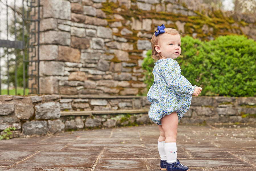 Little English traditional children's clothing.  Pink, blue, and green floral bubble for baby girls for Fall