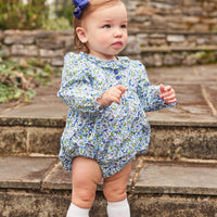 Little English traditional children's clothing.  Pink, blue, and green floral bubble for baby girls for Fall