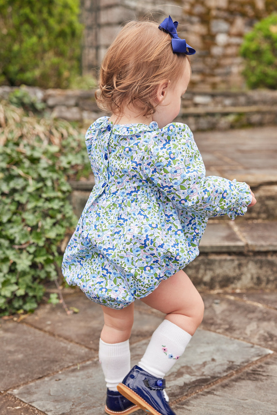 Little English traditional children's clothing.  Pink, blue, and green floral bubble for baby girls for Fall