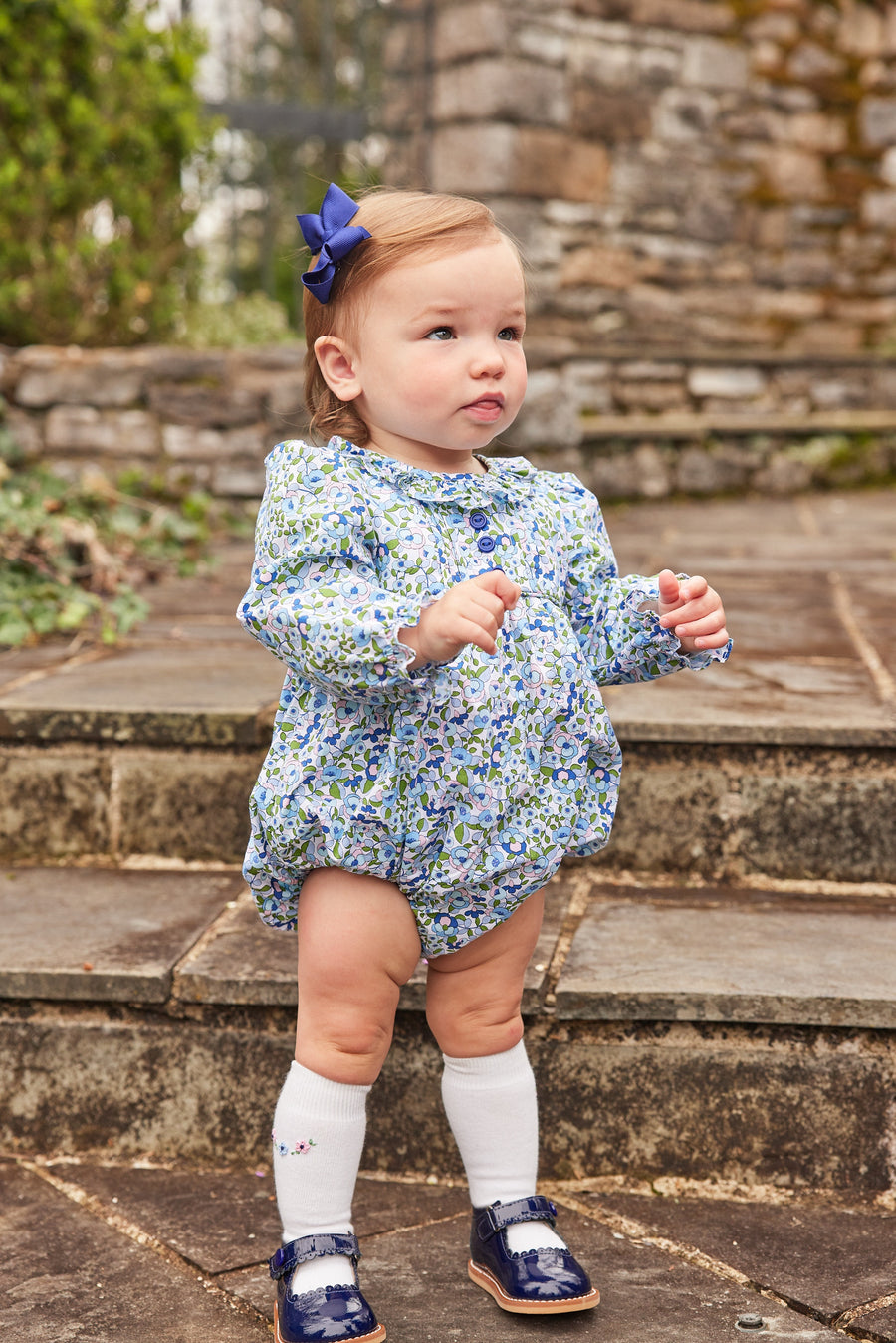 Little English traditional children's clothing.  Pink, blue, and green floral bubble for baby girls for Fall