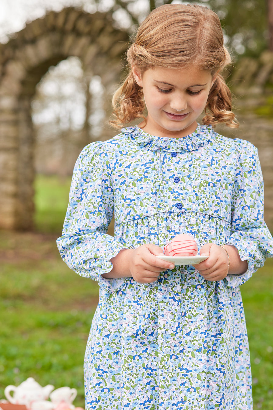 Little English traditional children's clothing.  Pink, blue, and green floral dress for little girls for Fall