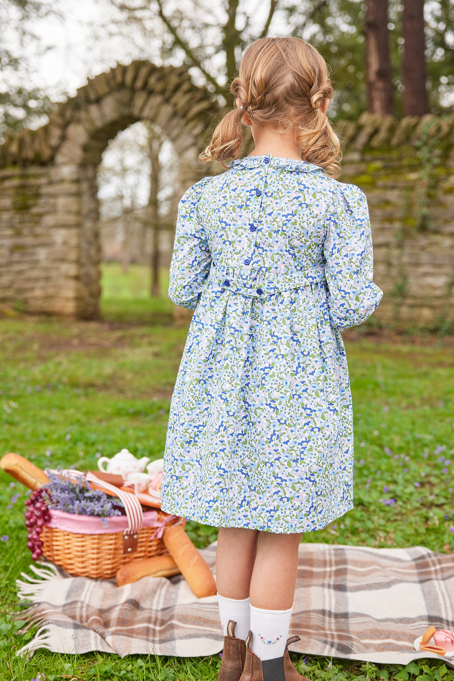 Little English traditional children's clothing.  Pink, blue, and green floral dress for little girls for Fall