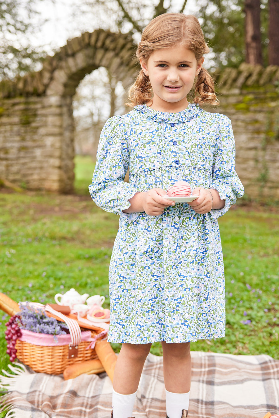 Little English traditional children's clothing.  Pink, blue, and green floral dress for little girls for Fall