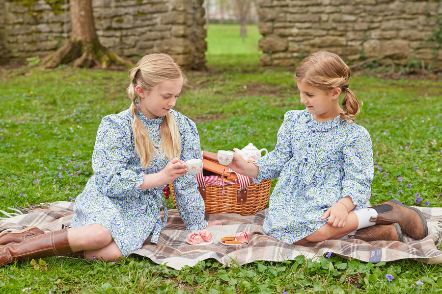 Little English traditional children's clothing.  Pink, blue, and green floral dress for little girls for Fall