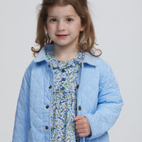 Little English traditional children's clothing.  Pink, blue, and green floral dress with Quilted Jacket in light blue, for little girls for Fall