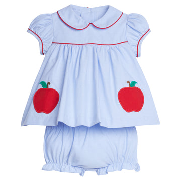 Little English traditional children's clothing. Light blue chambray diaper set for baby girl . Back to school set with red apple applique and red piping for fall.