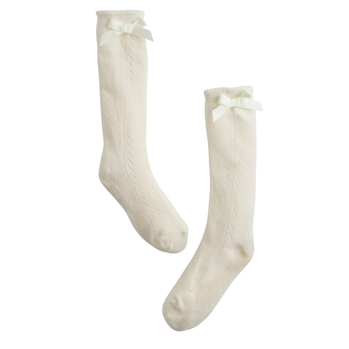 Little English girls pointelle knee high sock with bow in ivory