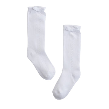 Little English girls knee high sock in pointelle with bow in white