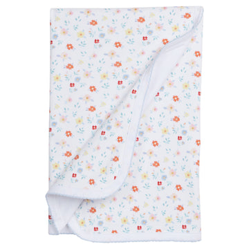 Little English pima cotton printed blanket with multi-colored floral design for baby girls with light blue picot trim