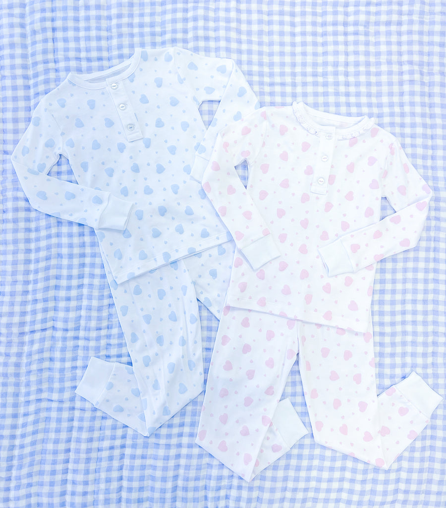 Little English traditional children's clothing.  Pima cotton pink heart printed jammies for girls