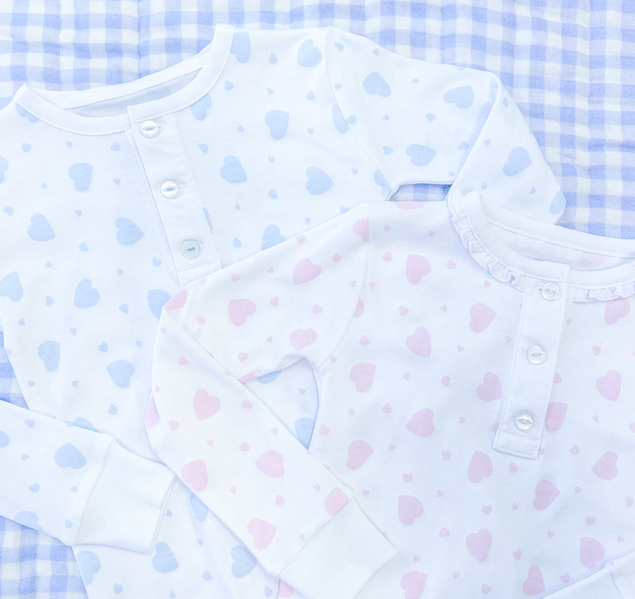 Little English traditional children's clothing.  Pima cotton pink heart printed jammies for girls