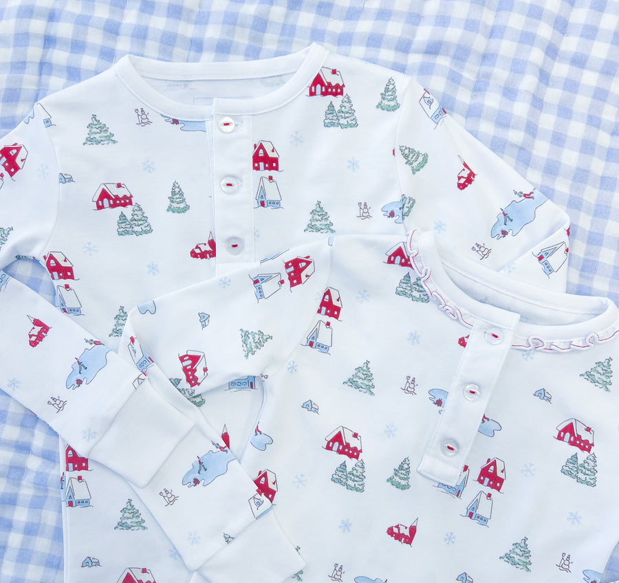 Little English traditional children's clothing, printed playsuit in Christmas Village pattern for baby