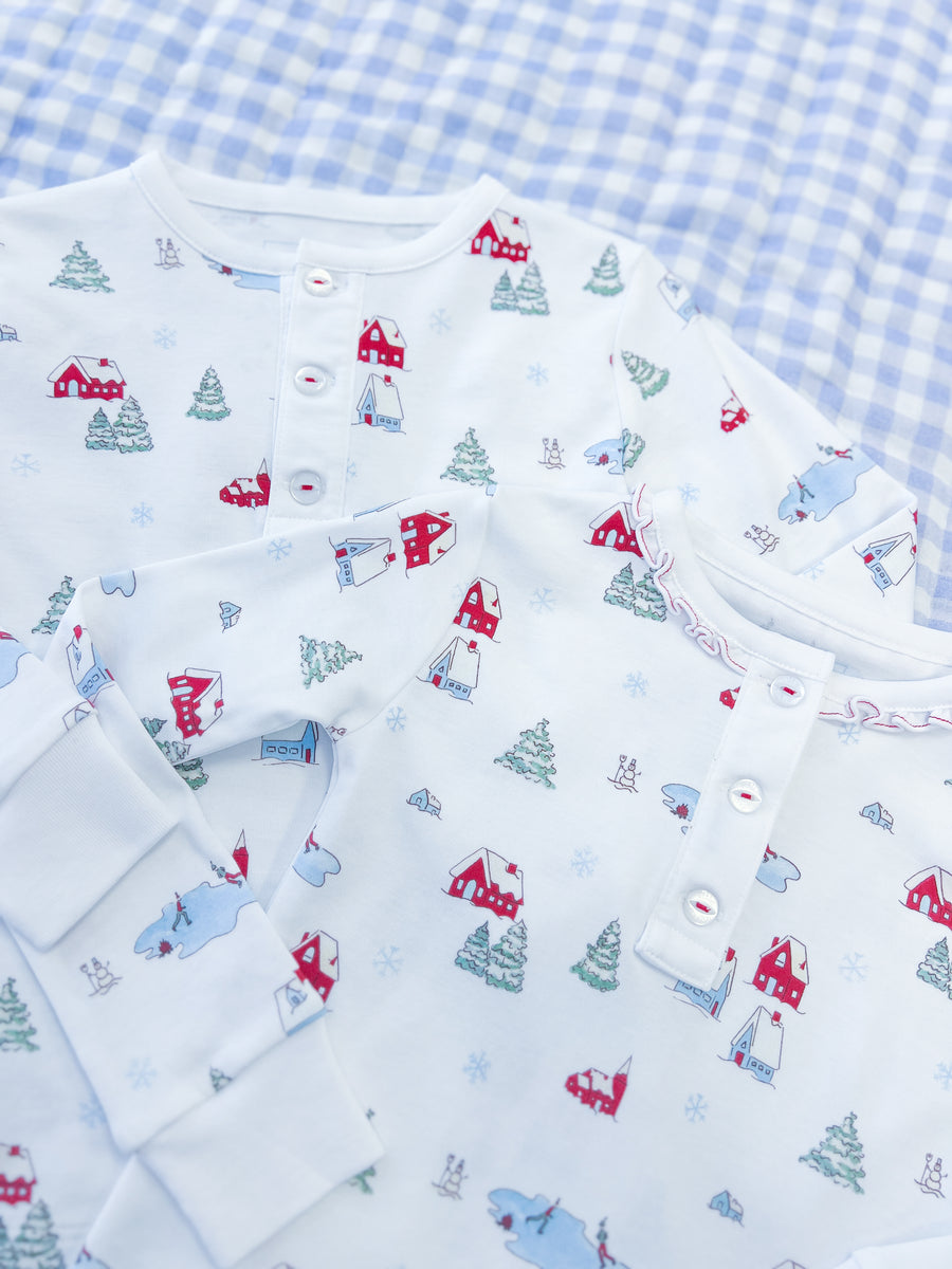 Little English traditional children's clothing, Printed Jammies in Christmas Village print for little boy