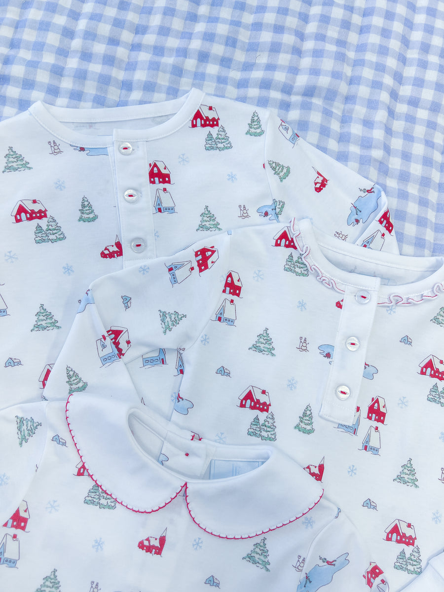 Little English traditional children's clothing, printed playsuit in Christmas Village pattern for baby