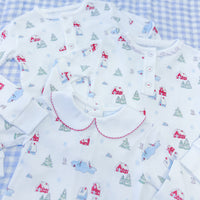 Little English traditional children's clothing, Printed Jammies in Christmas Village print for little boy